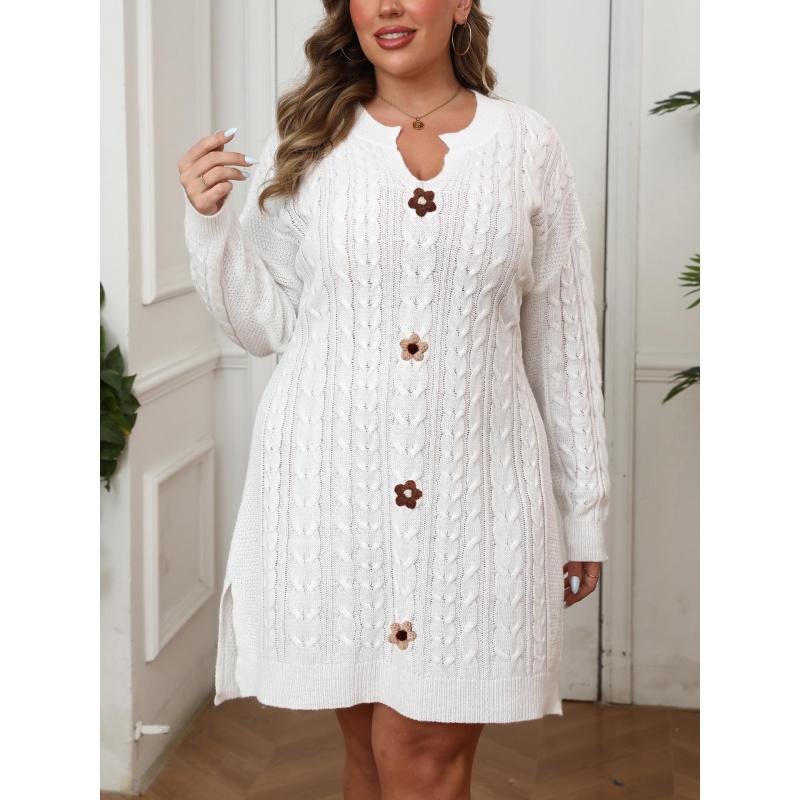 Plus Size Women's V-Neck Cable Knit Sweater Dress Hand Crochet Patchwork Autumn Winter Sweater Dress for Women