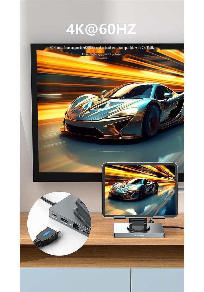 4K60Hz USB-C Docking Station with Gigabit Ethernet, USB 3.2 Converter, and Rotating Stand for Phones and Tablets
