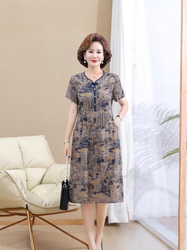 2026 Summer Stylish Loose-Fit Mid-Length Short-Sleeve Dress with Pockets for Middle-Aged and Elderly Women