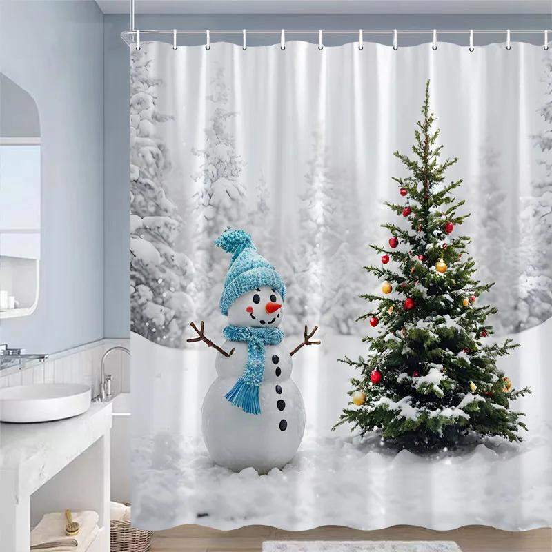 Cute Blue Snowman Christmas Shower Curtains Xmas Gift Winter Forest Cedar Nature Scenery Home Bathroom Decor Bath Curtain Set