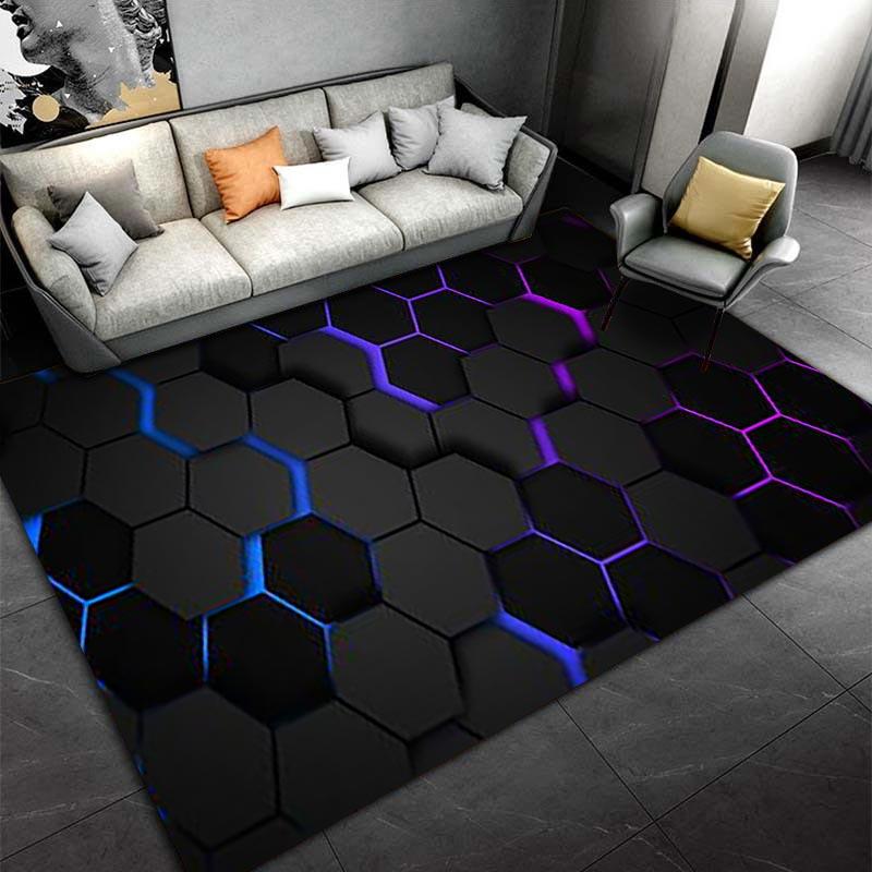 Modern Black Carpet with Blue and Purple Hexagonal Pattern Design Suitable for use as an anti-slip for living room bedroom sofas