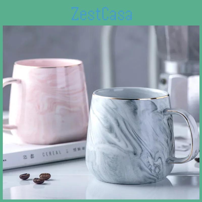 Cup 400ml Coffee Ceramic Vintage Nordic Style Gold Rim Breakfast Oatmeal Milk Mug Marble Pattern Creative Teacup Couple Drinking