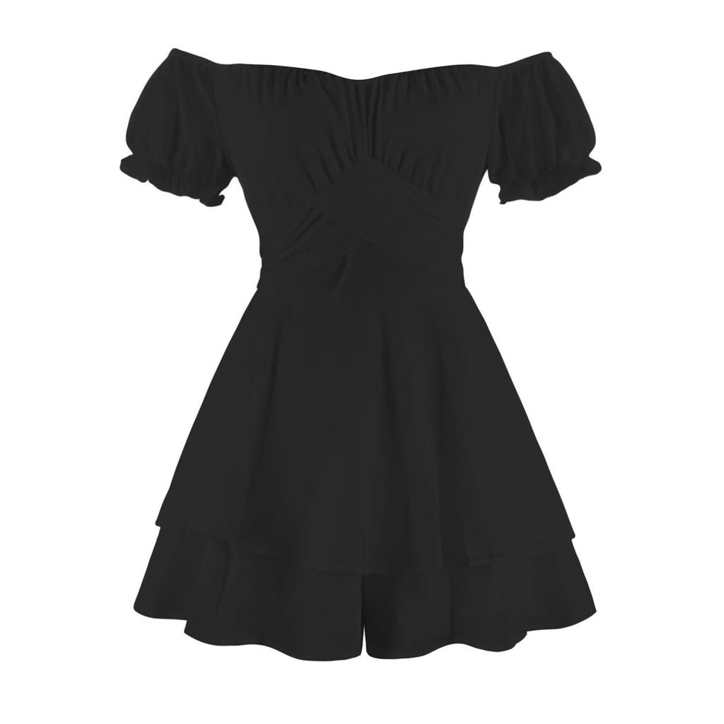 Sexy Women's Off Shoulder Solid Color Short Sleeved Pleated Layer Back Zip Short Jumpsuit