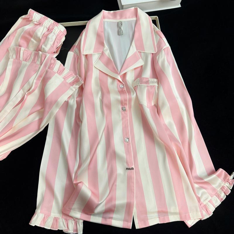 Yase Rhinestone Powder Noodles Spring 2026 Women s Ice Silk Striped Pajamas - Long Sleeve and Pants Set Medium