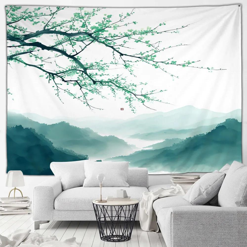 Japanese Scenery Tapestry Cherry Blossom Flowers Misty Landscape Chinese Style Wall Hanging Art Decoration Home Decor Background