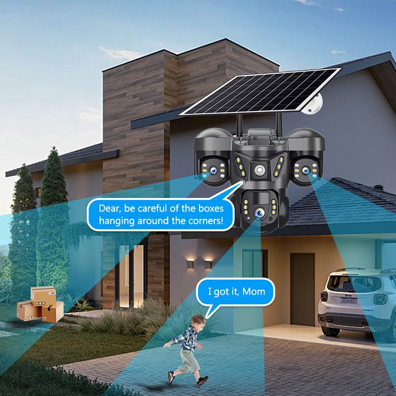Cameră Solară 4G de Exterior Obiectiv Triplu Trei Ecrane 15MP Cameră IP cu Panou Solar Baterie Încorporată Detectare Mișcare PIR Cameră CCTV