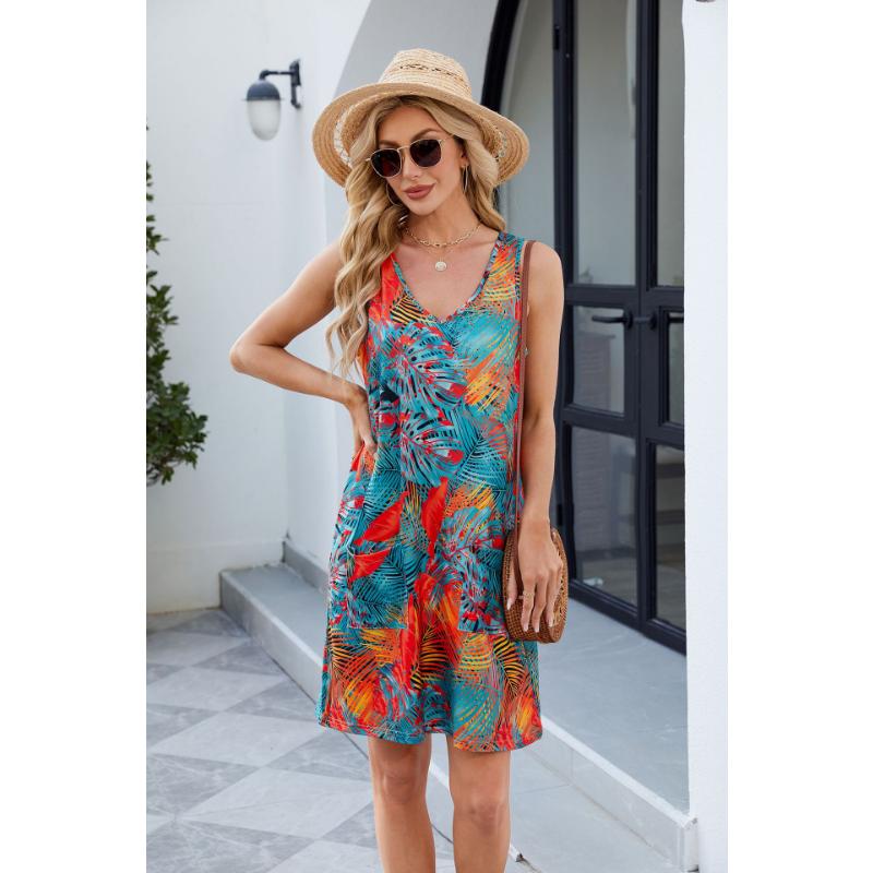 Women's Spring Summer Tropical Print Sleeveless Tank Dress Casual Loose V-Neck Beach Cover Up Dress