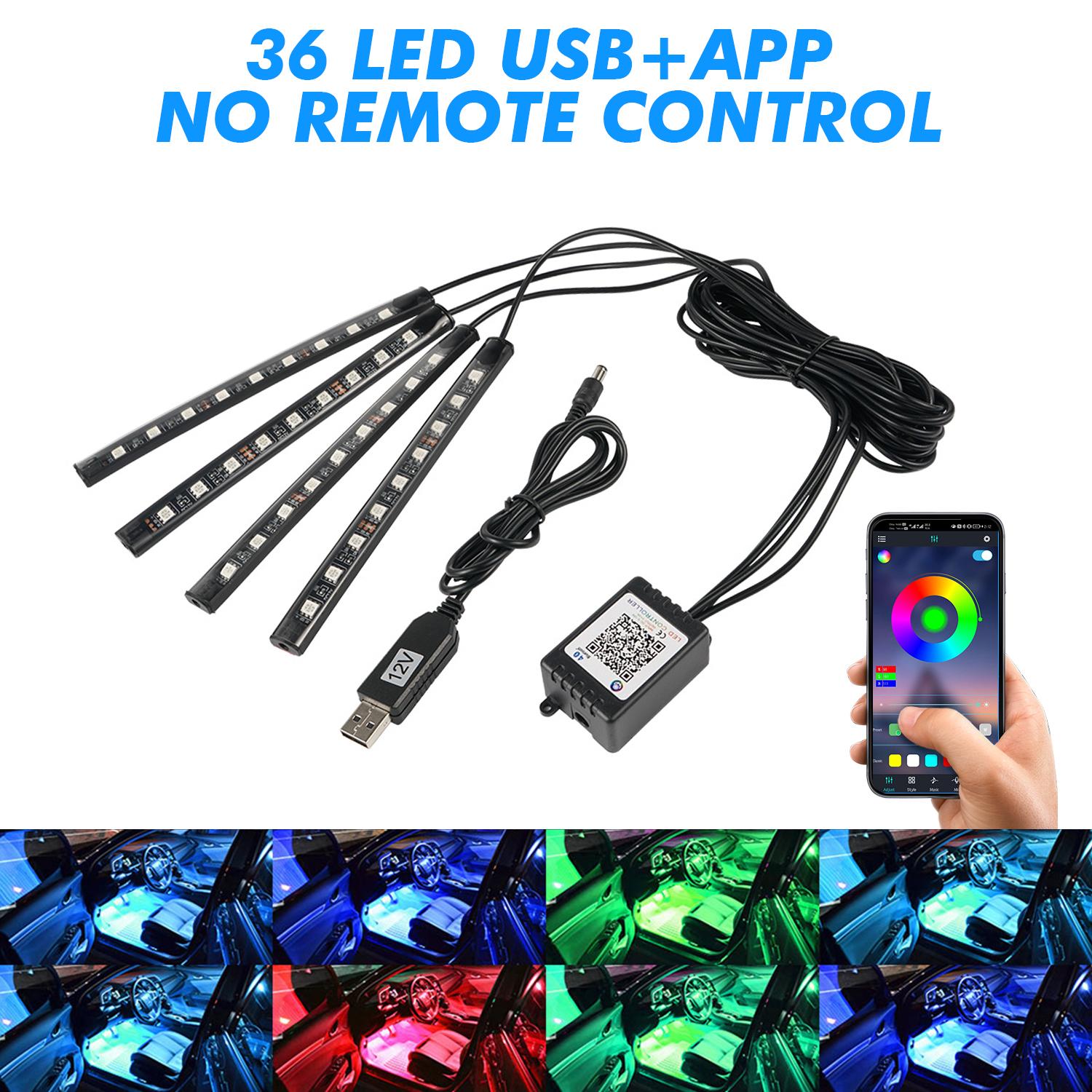 Neon LED Interior Car Light APP Music Remote Control RGB Underglow LED Ambient Light USB/Cigar Plug Auto Atmosphere Lighting 12V 36LED USB APP