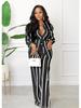 Women's Striped Printed Long-Sleeve Shirt Suit - Two-Piece Set