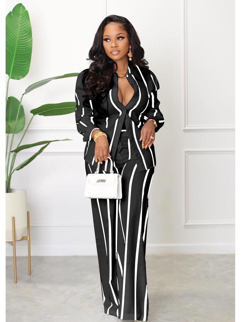 Women's Striped Printed Long-Sleeve Shirt Suit - Two-Piece Set