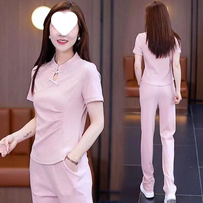 Chinese Casual Sports Suit for Women in Summer, Western-style National Style Buckle Top, Wide-leg Pants Two-piece Set