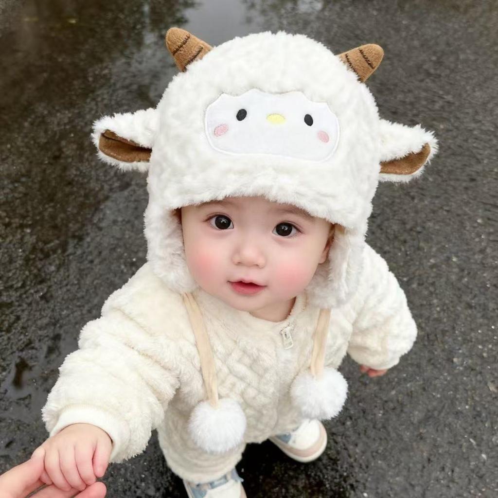 Winter infant face protection knitted hat windproof and warm ear protection hat fleece thickened male and female treasure cute plush hat