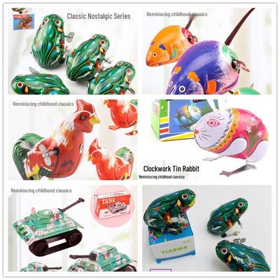 Tin Wind-up Animal Toy Set: Frog, Rooster, Rabbit, and Mouse - Nostalgic Spring-wound Toys for Children.