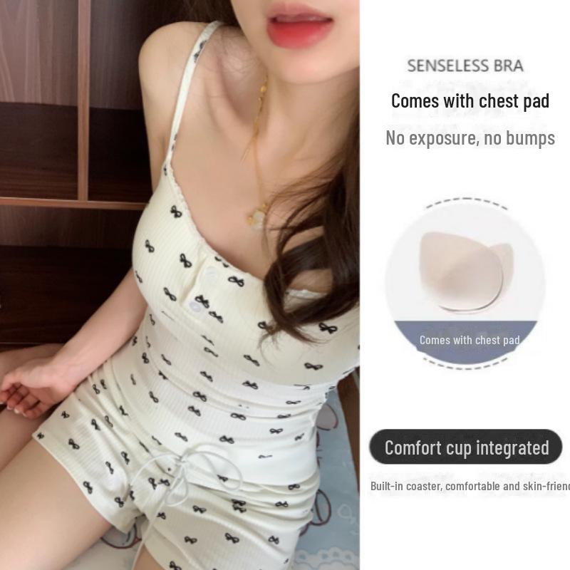 "Girls' Pure Desire Bear Print Suspender Pajama Set with Chest Pad - Summer Slim Fit Vest and Shorts"
