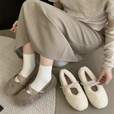 Fashion White Temperament High-end Flat-soled Fluffy Shoes for Women's 2025 New Autumn and Winter Xiaoxiang Soft-soled Mary Jane Cotton Shoes