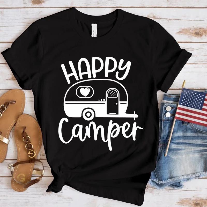 Neue Happy Camper bedruckte T-Shirts Damen einfarbige Shirts Rundhals T-Shirts Tops Outdoor Camping Cooles weiches Shirt