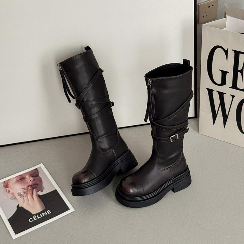 

Модные и ретро дизайнерские универсальные повседневные женские рыцарские сапоги летние новые классические на толстой подошве с увеличением роста и стройнящие сапоги 40 коричневый