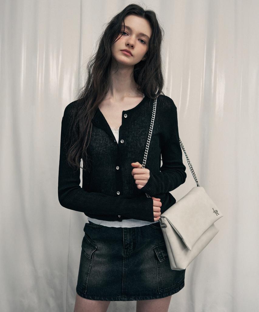 Leathery Flap Chain Shoulder Bag [Ivory]