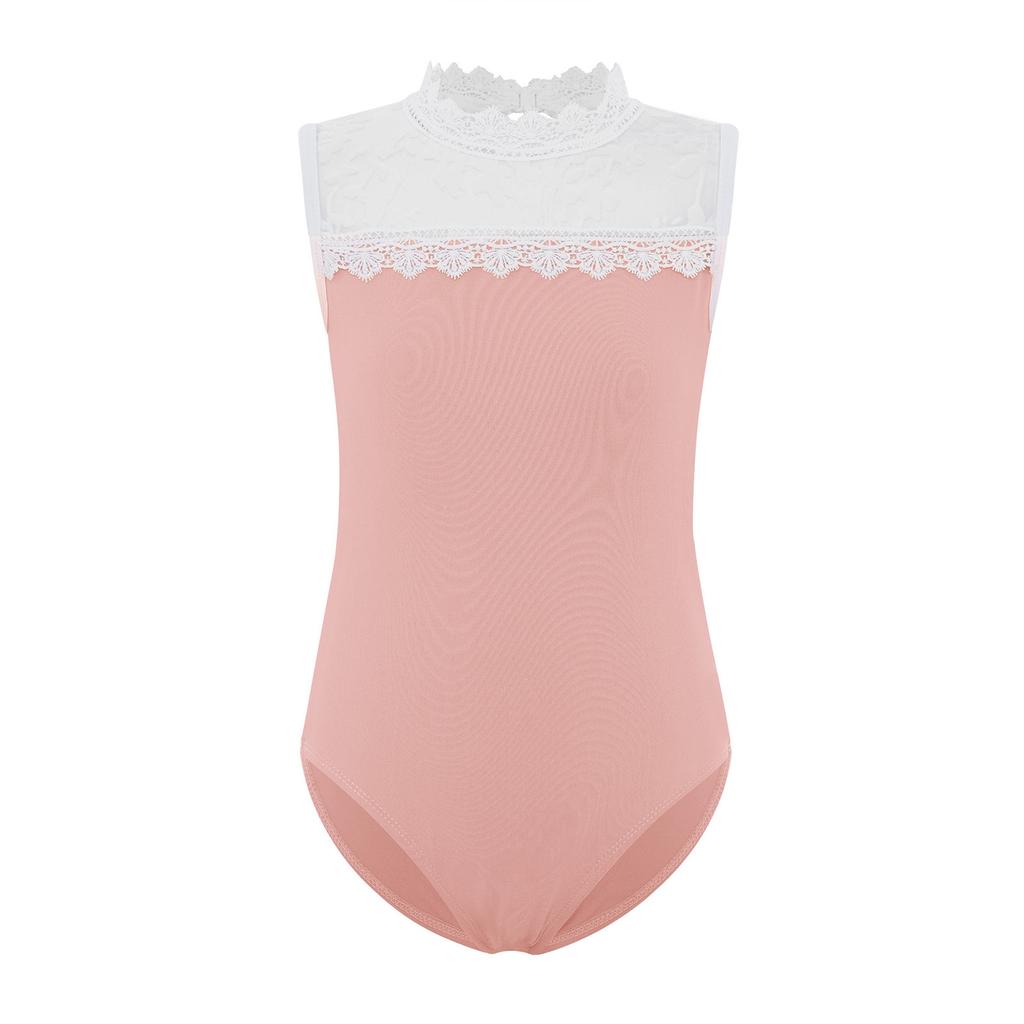 Girls Gymnastics Bodysuit Delicate Lace Collar Sheer Mesh Patchwork Design Sleeveless Leotard
