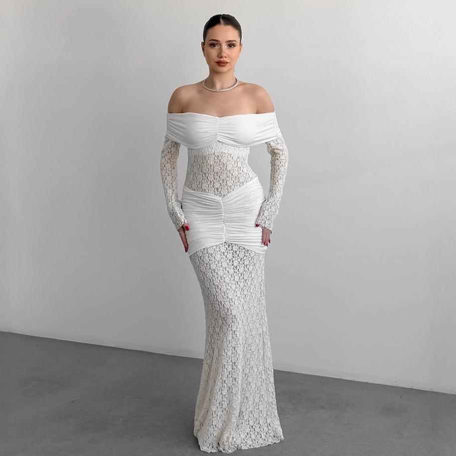 Pure desire French white lace hollow dress female sexy one-word shoulder long sleeve s-shaped hip skirt evening dress