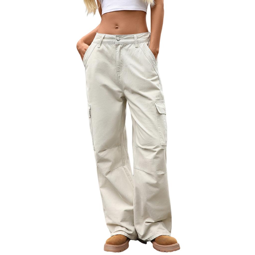 Women's Casual Fashion Solid Color Elastic Waist Pockets Wide Leg Straight Jeans Pants