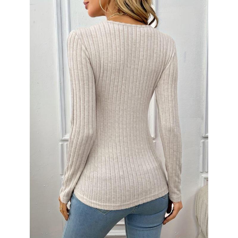 Solid Rib Knit Sweater, Casual V Neck Slim Long Sleeve Sweater, Women's Clothing