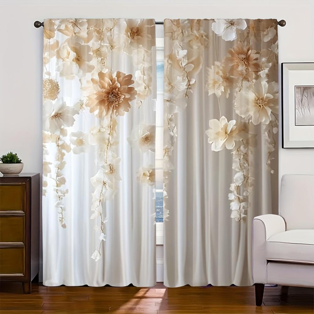 2Pcs Elegant White Rose Print Sheer Curtains With Rod Pocket – For Bedroom, Living Room & Kitchen