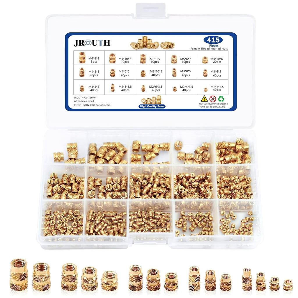 415Pcs M2 M3 M4 M5 M6 Threaded Inserts for Plastic Heat Set Insert Brass Insert Assortment Kit for 3D Printing Injection Molding Press Thread Nuts