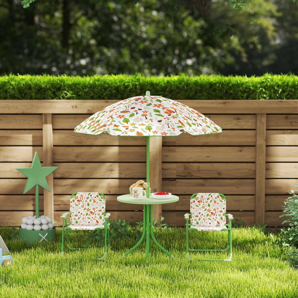 Garden Set for Children Ages 2-5 with Round Table, 2 Folding Chairs and an Umbrella, Green