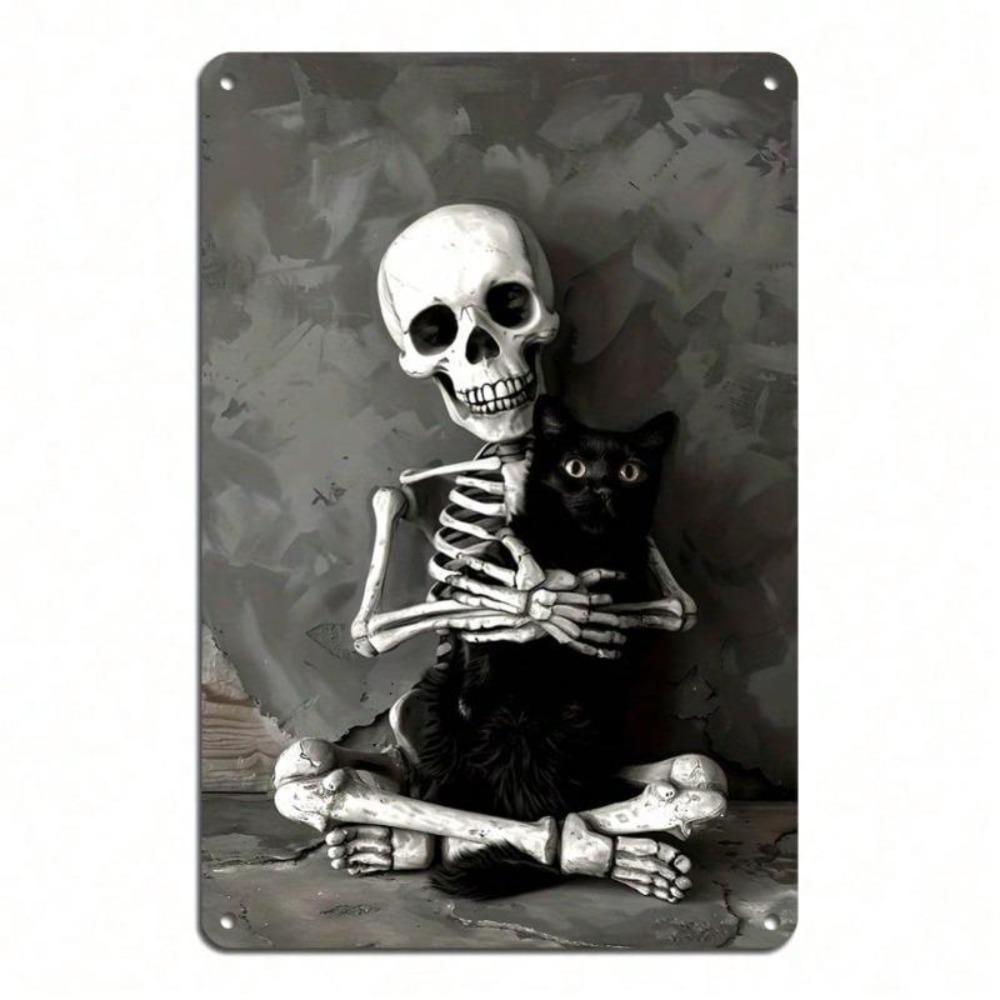 Whimsical Skull Cat Wall Decor Black White 8x12 Inch Tin Sign Easy Install Home Office