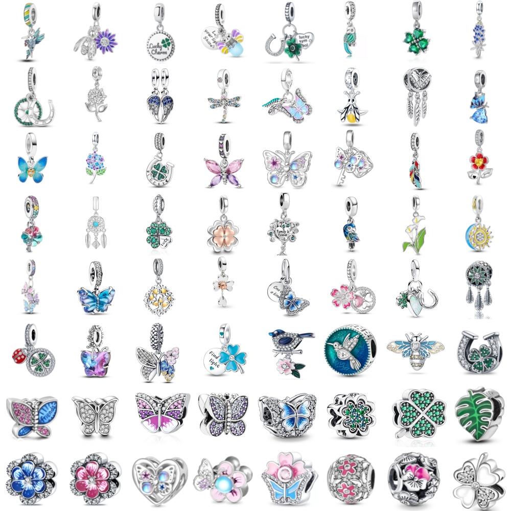 New copper Spring Butterfly Flower Green Leaves Fine Bead Charms Compatible With Authentic Pendant Charm Bead Charms Bracelets Women Do It Yourself J