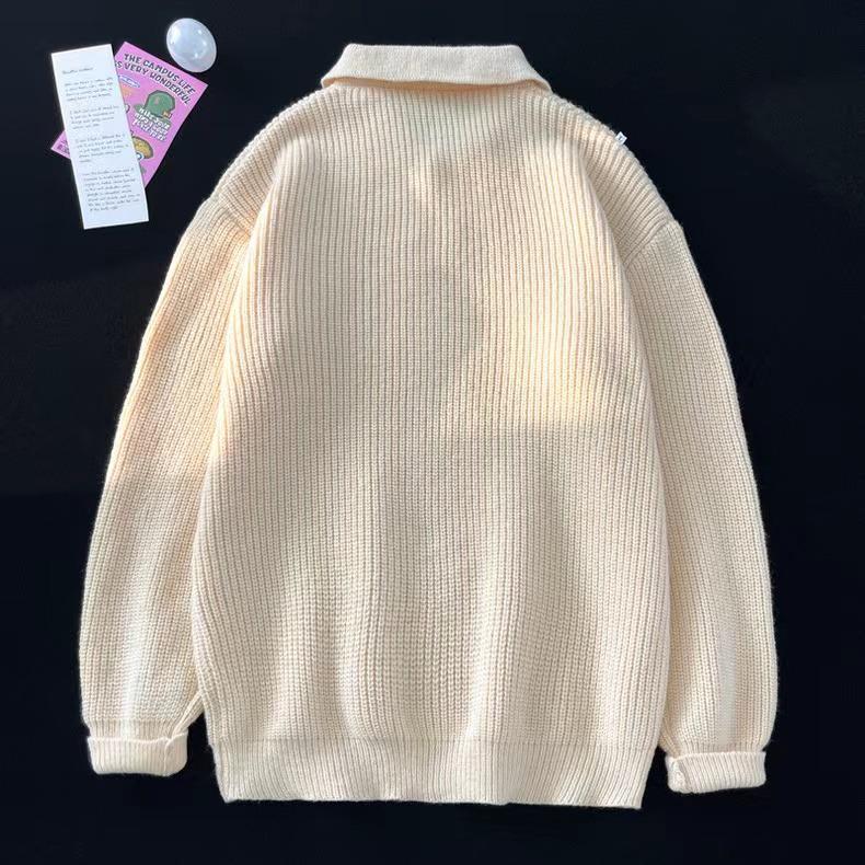 Men's Loose Fit Lapel Sweater - Trendy Hong Kong Style, Versatile Long Sleeve Solid Color Knitwear for Autumn and Winter.