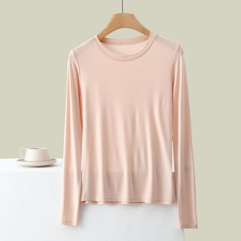 Women's Crew Neck Long Sleeve Tee Slim Fit Commuter Casual Top Solid Rayon Spandex Summer Undershirt Basic Layering Shirt