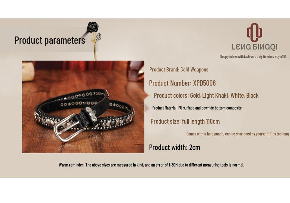 Ethnic Style Retro Rivet Leather Belt with Rhinestone Inlays for Women