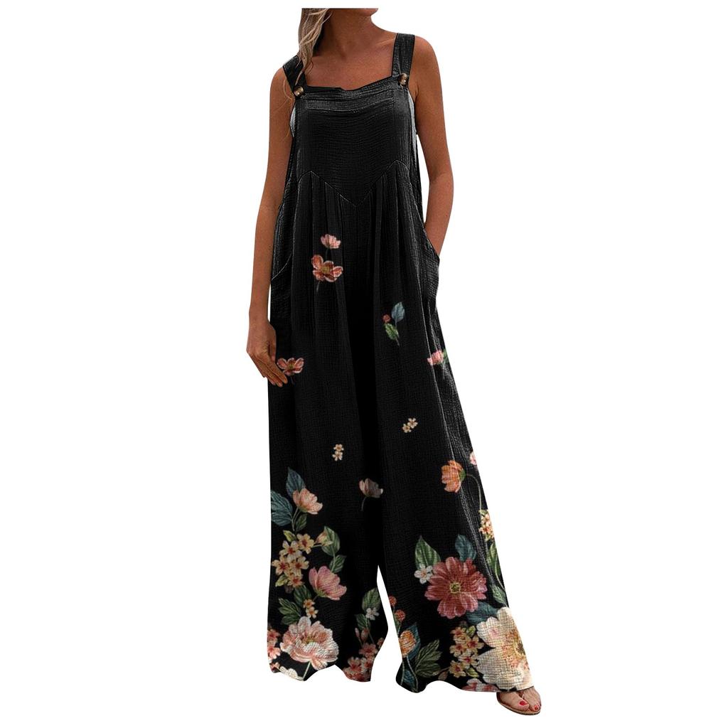 Women's Casual Loose Printed Sleeveless Tank Top Jumpsuit Square Neck Gathered Wide Leg Jumpsuit With Pockets