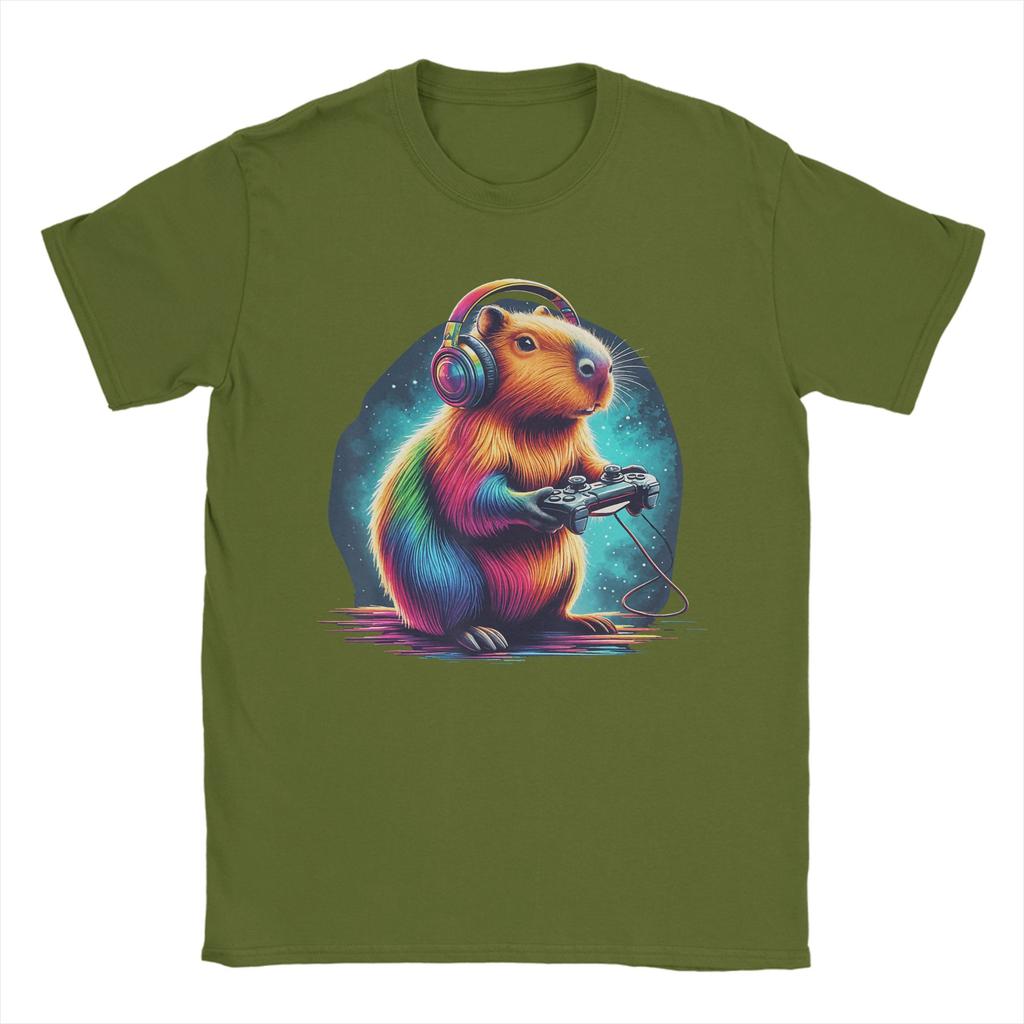 Capybara Gaming Video Game Colorful Capybara Gamer Mens T Shirt  Amazing Tee Shirt Short Sleeve Round Collar TShirts Cotton