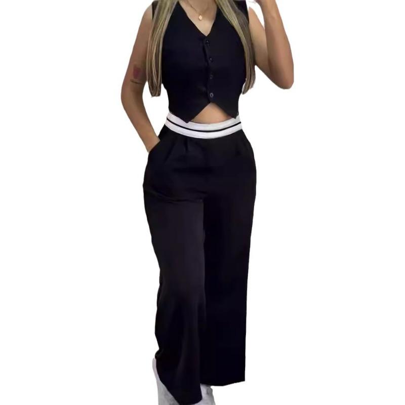 Women Fashion V Neck Sleeveless High Waist Wide Leg Pants Casual Two Piece Set