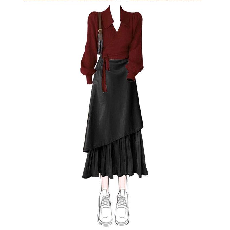 Elegant Red Knit & Leather Winter Two-Piece Outfit for Women