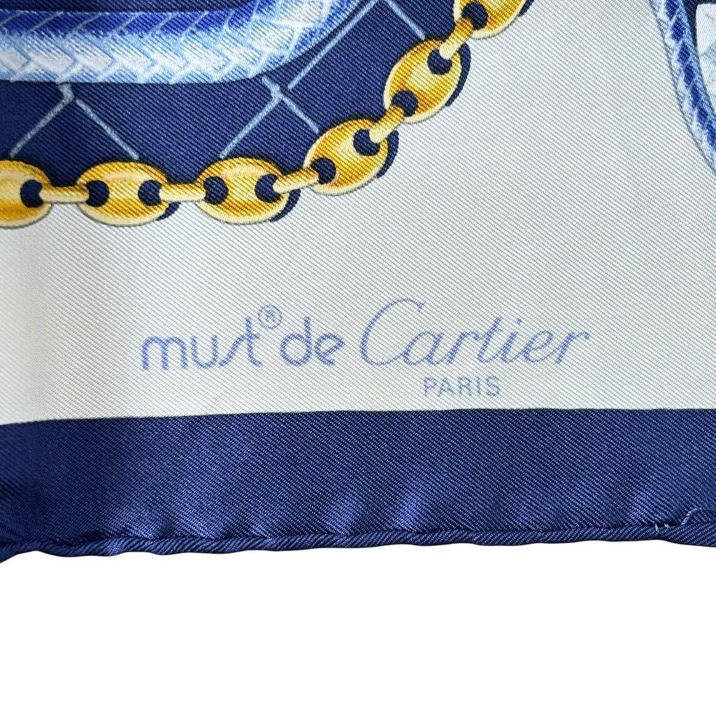 Used Cartier scarf, large size, chain pattern, navy, silk