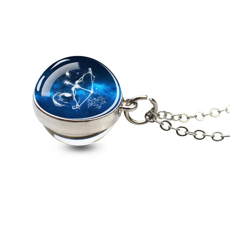 12 Constellations Double Side Glass Ball Silver Plated Necklace Jewelry Pendant Accessories Women Birthday Gift