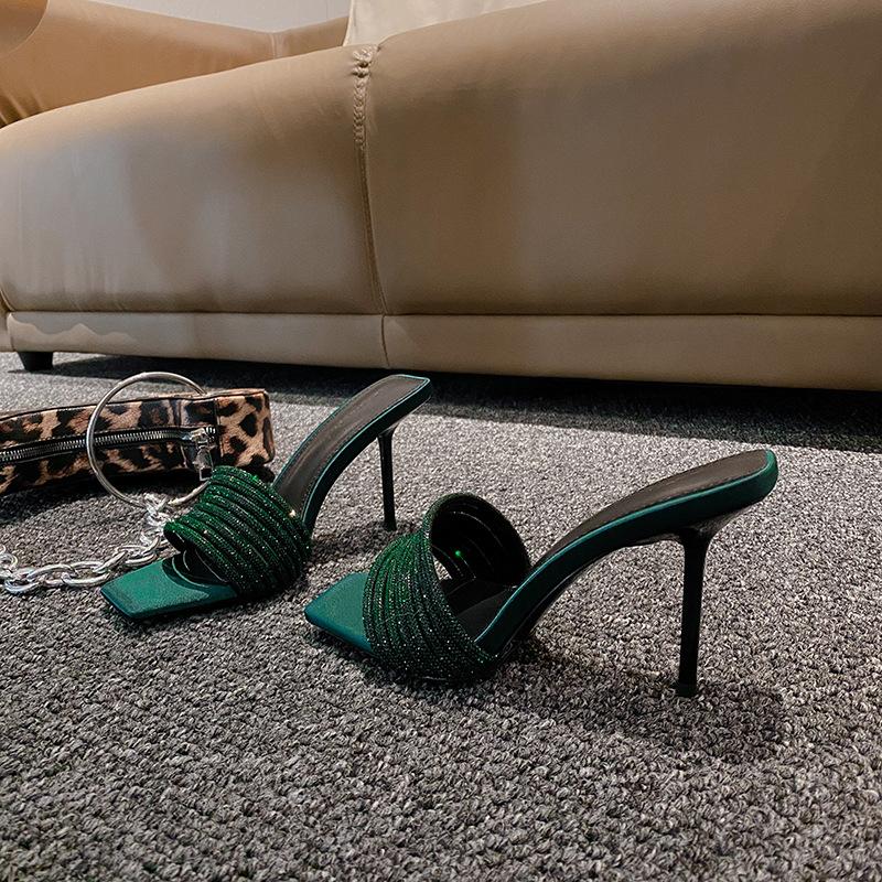 

2025 summer new Internet celebrity rhinestone high heels women s thin heel sandals sexy word with square head open toe sandals women 40