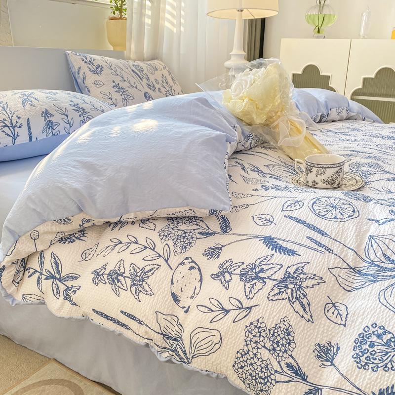 Set Lenzuola Seersucker a Quattro Pezzi Lenzuolo Copripiumino Federe