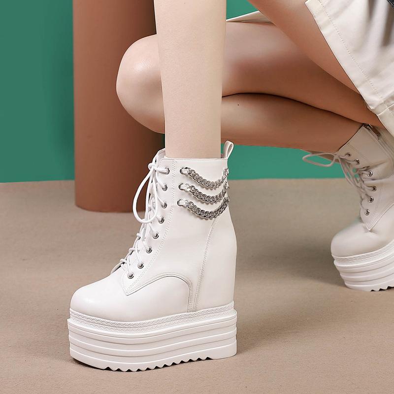 Fashion 13CM Women's Trendy Platform Boots Fashion Side Zipper Buckle Strap Design Height Increasing Stylish Mid Calf Boots Wedge Heel