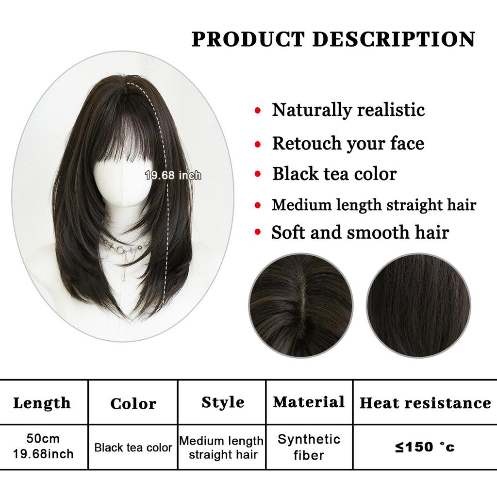 Dark Tea Brown Shoulder Length Straight Wig for Women - Layered Design Daily Outdoor Realistic Hair Full Cap Natural Wig