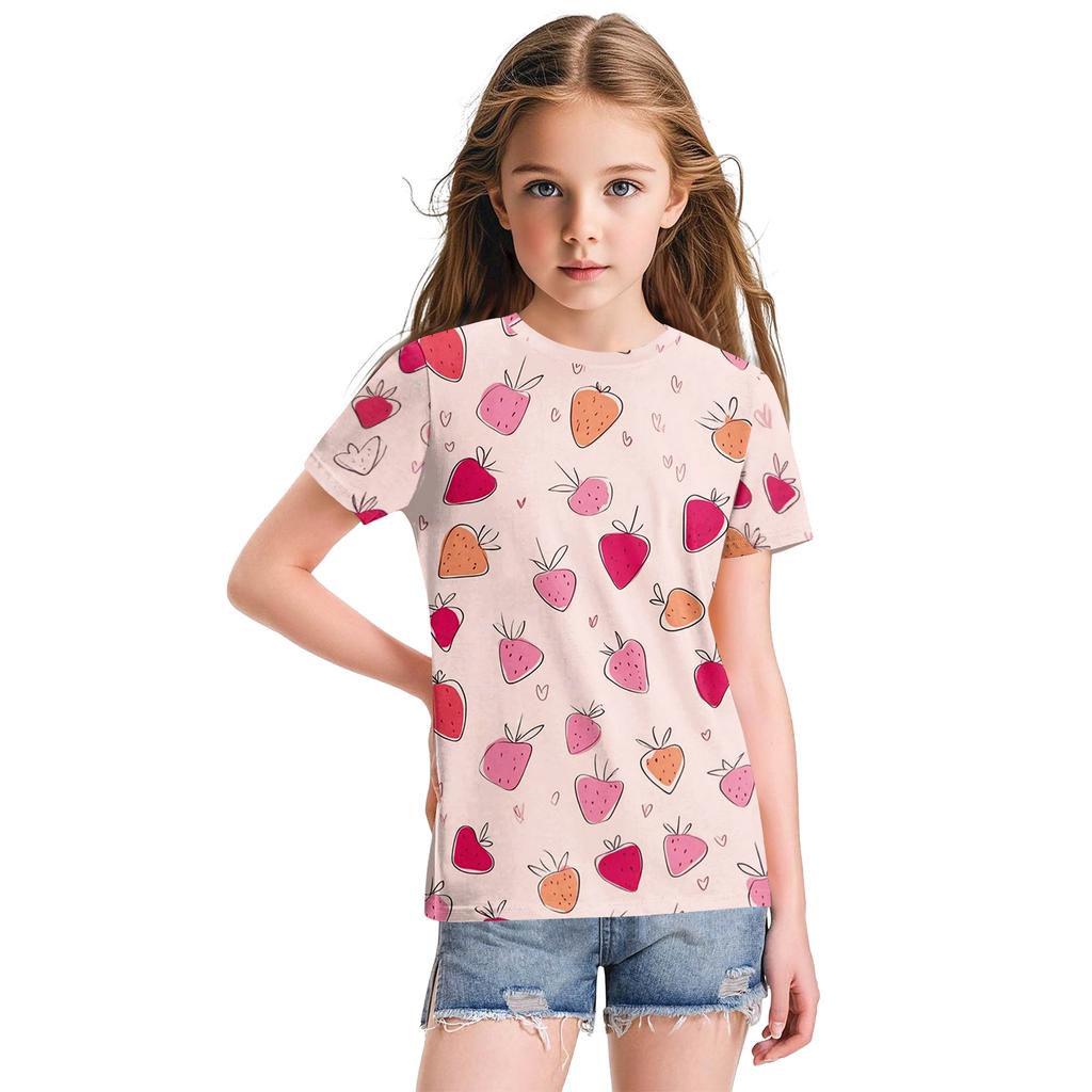 Cute Floral Print Loose Casual Fashion Round Neck Short-Sleeved Top For Children