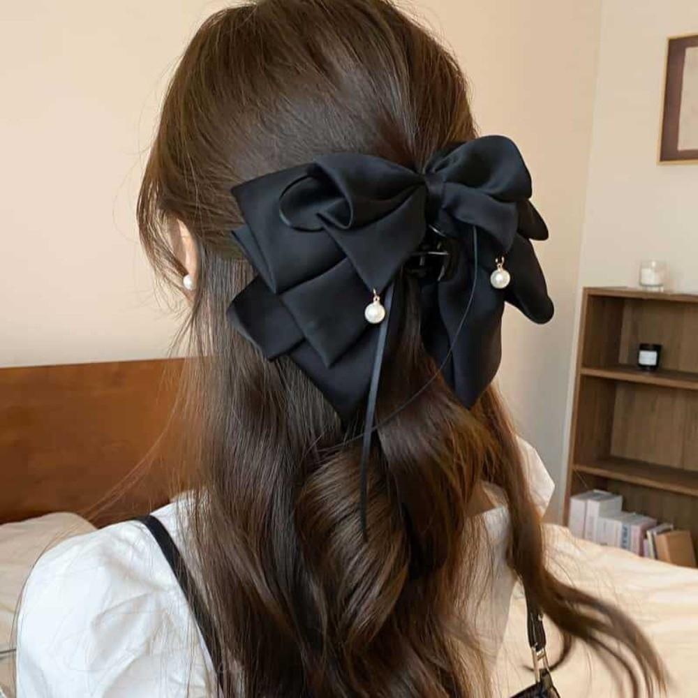 Fashion Black Hair Claws Pearl Pendant Multi-Layer Bow Ponytail Hair Clip Elegant Shark Clip Headwear