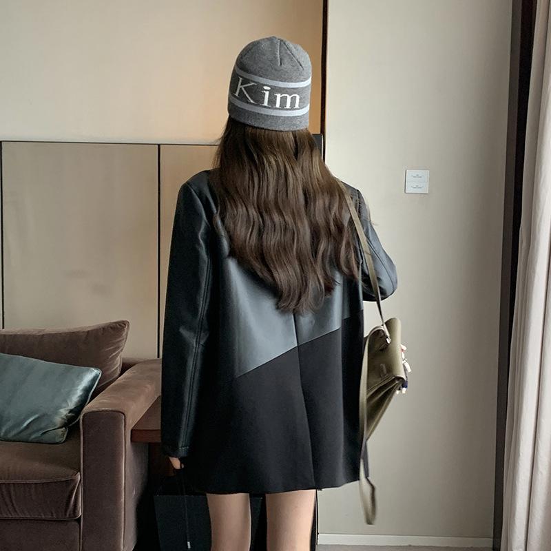 Splicing Leather Jacket Small Suit Women's Short Spring and Autumn New Korean Version Loose Casual Black Suit