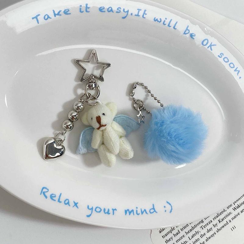 PU Leather Cat Paw Keychain Sweet Pompom Keyring Halloween Faux Mink Fur Little Bat Little Devil Backpack Pendant Plush Keychain