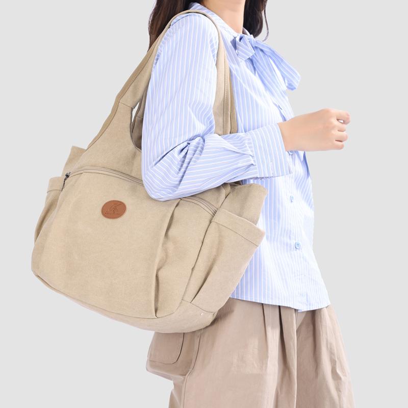 Vintage Women's Bag Large Capacity Canvas Tote Bag Solid Color Portable Shoulder Bag