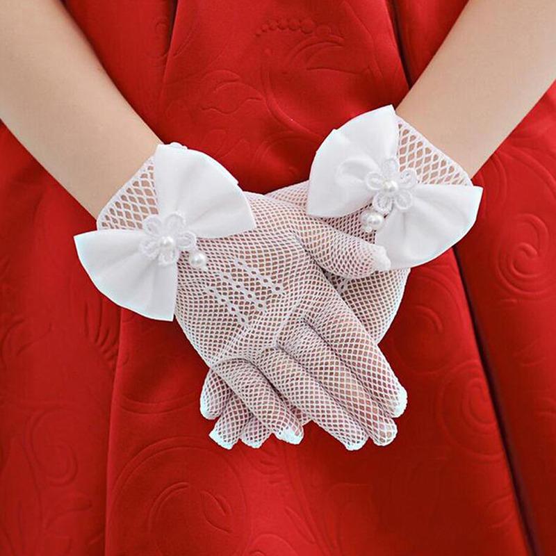 White Princess Wedding Gloves for Girls Mesh Evening Children's Holiday Accessories with a Bow Birthday Performance Gloves